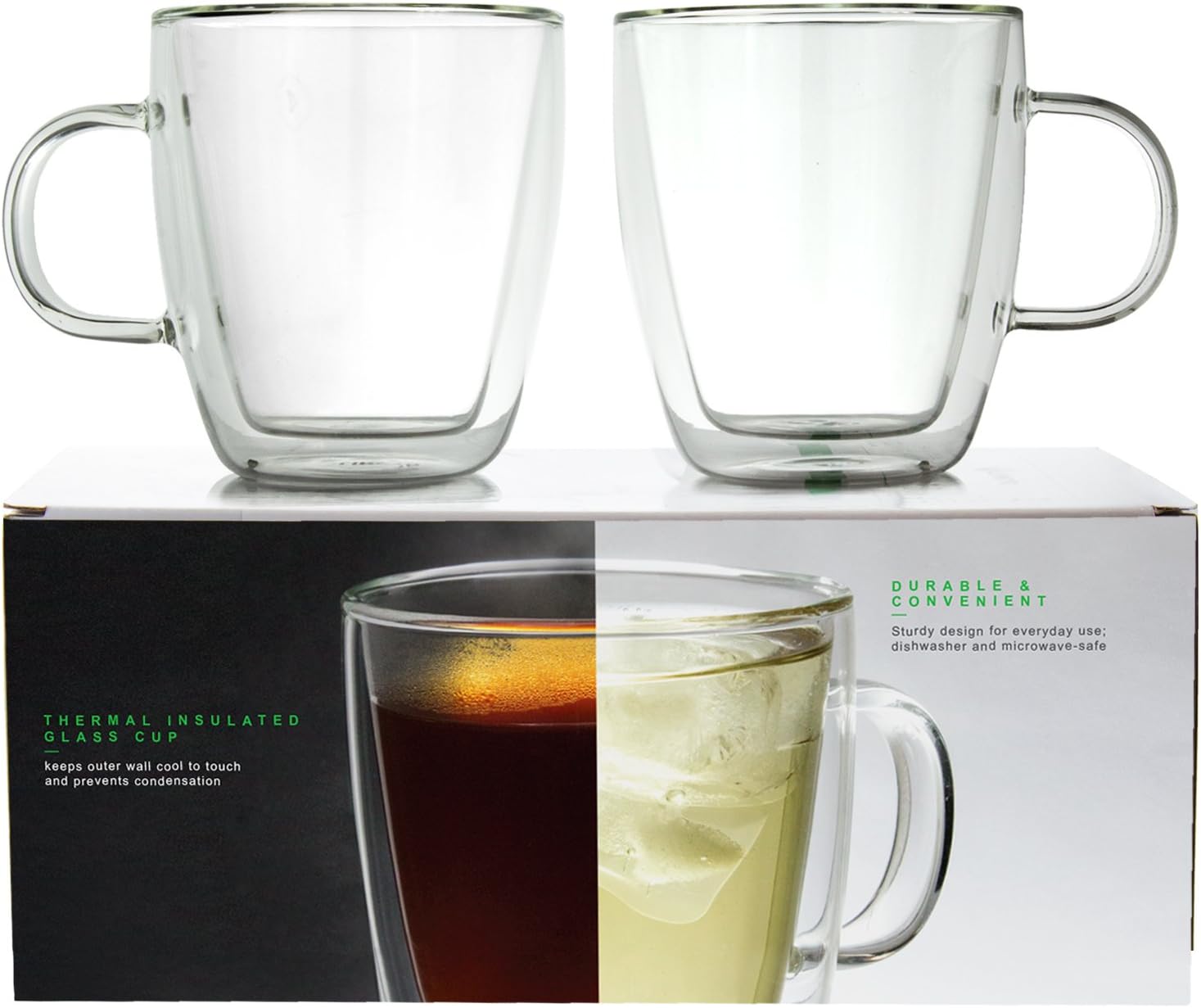 LINKYO Glass Coffee Cups - Double Wall Insulated Mugs, 2-Pack (11.8 oz, 349 ml)