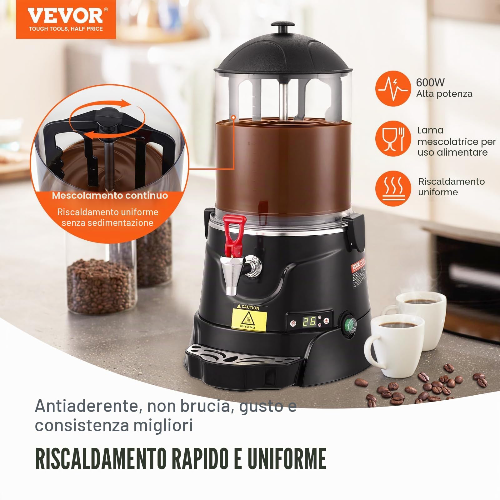 VEVOR Distributore di Cioccolata Calda 10 L Macchina per Cioccolata Calda con Intervallo di Temperatura Regolabile 30 ℃ a 90 ℃ con Serbatoio ABS di Alta Qualità con Distributore, per Bevande Calde