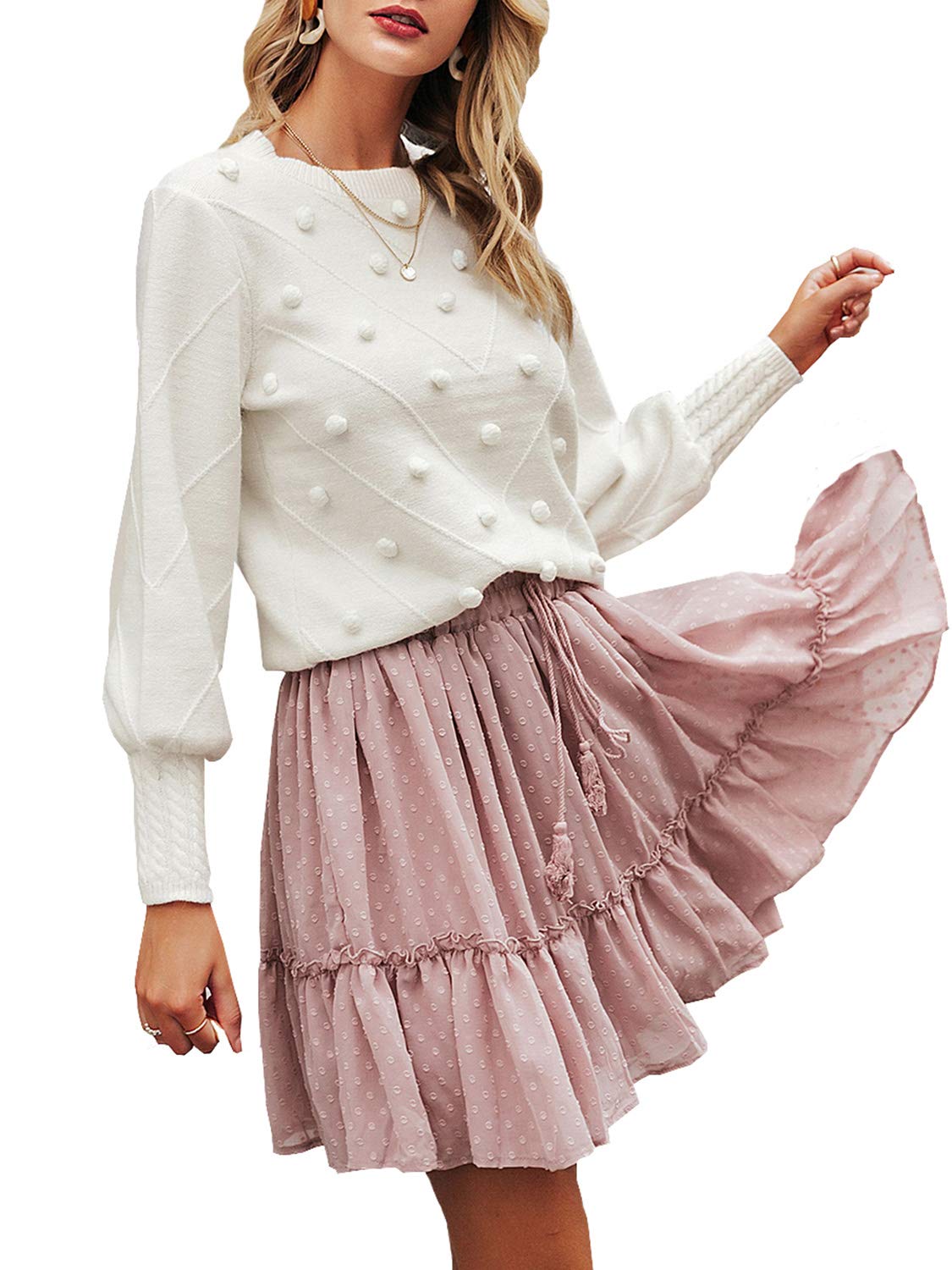 MiessialWomen's Fall Crew Neck Pullover Sweater Cute Long Puff Sleeve Chunky Knit Sweater Pompom Jumper Top