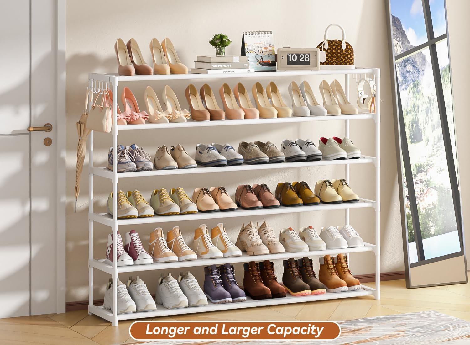 Extra Long Shoe Rack 6 Tier 39Pairs, Shoe Storage Organizer with 2 Hooks, Wide Stackable Shoe Organizer Racks for Closet Entryway,Shoe Shelf Stand Sturdy Durable Shoes Holder, White