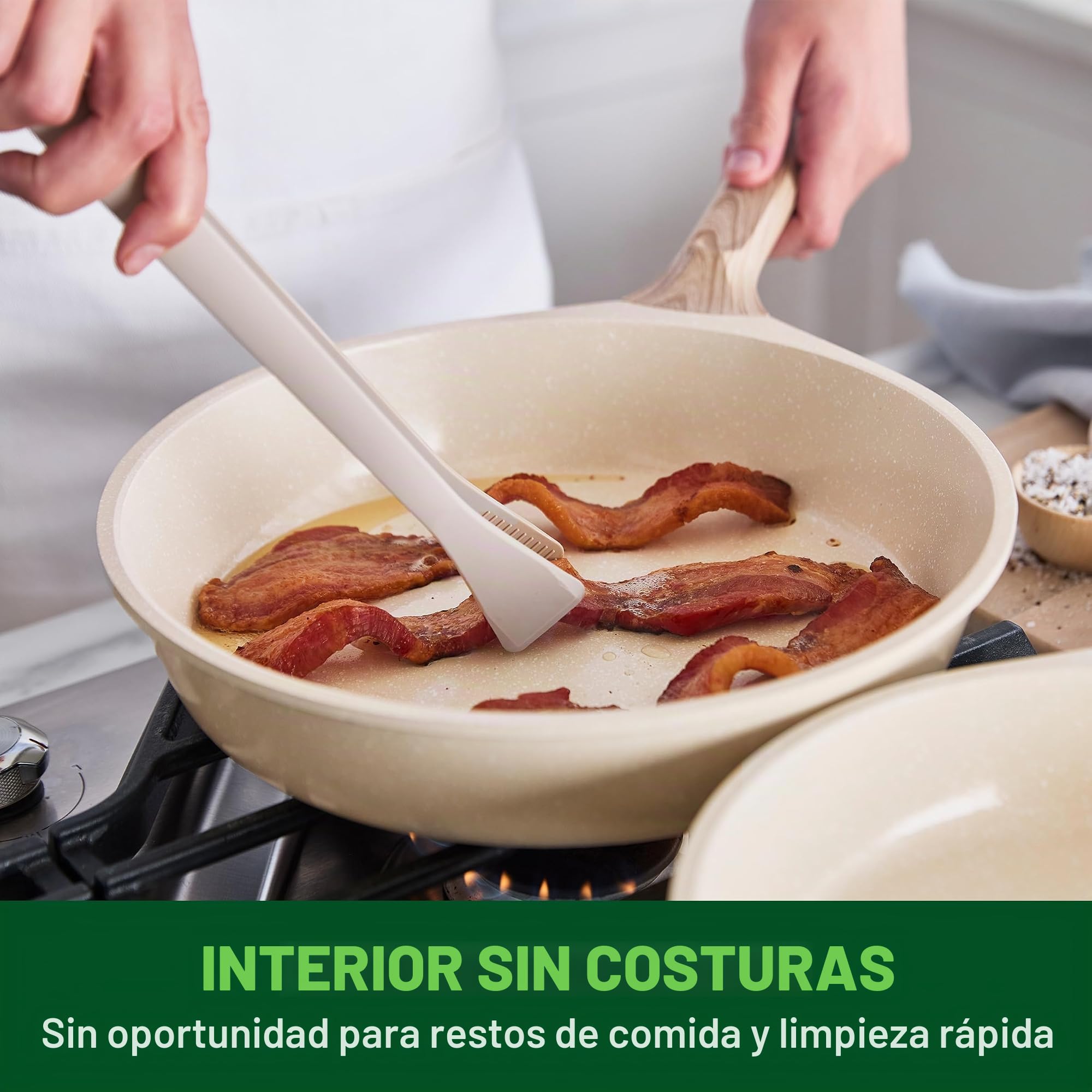 GreenChef Arte - Juego de 2 sartenes antiadherentes de cerámica (24 cm y 28 cm, sin PFAS, aptas para inducción, mango de madera), color crema
