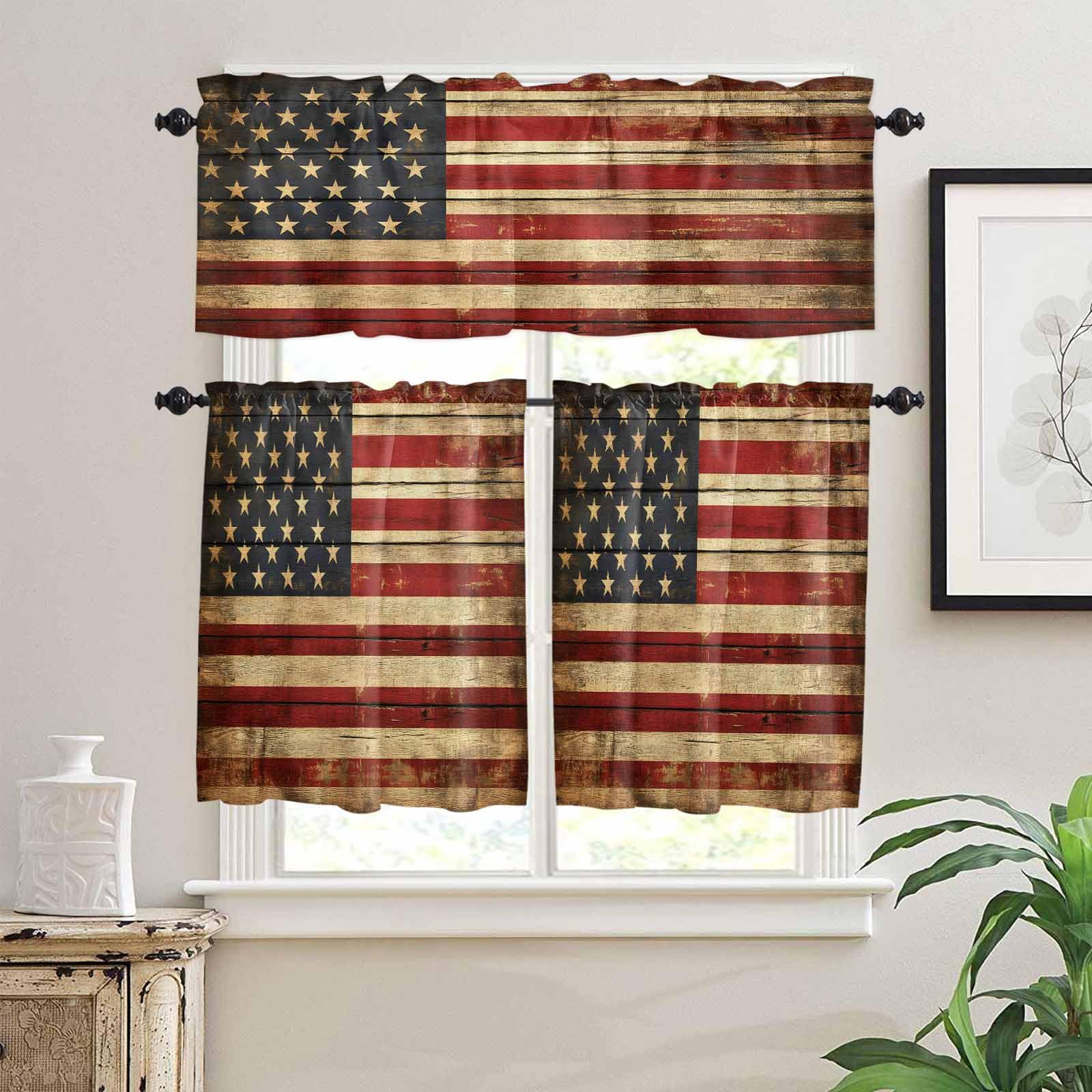 American Flag Kitchen Curtains 36 Inch Length, 3 Piece Rod Pocket Small Half Tiers and Valance Set, Retro USA Flag Blue Red Vintage Wooden Small Large Window Treatment Decor for Bedroom/Bathroom Sink