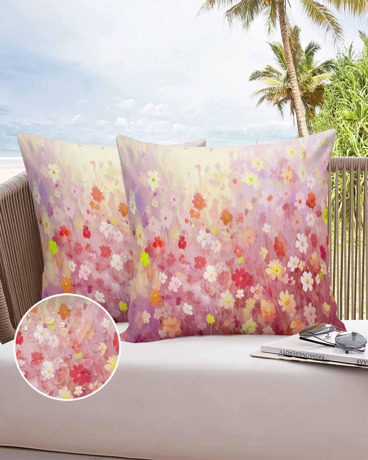 Boanket Outdoor Pillow Covers 20 x 20 in, Orange Spring Floral Waterproof Throw Pillow Cover Set of 2, Summer Daisy Botanical Oil Painting Home Decorative Square Cushion Covers for Patio/Couch/Garden