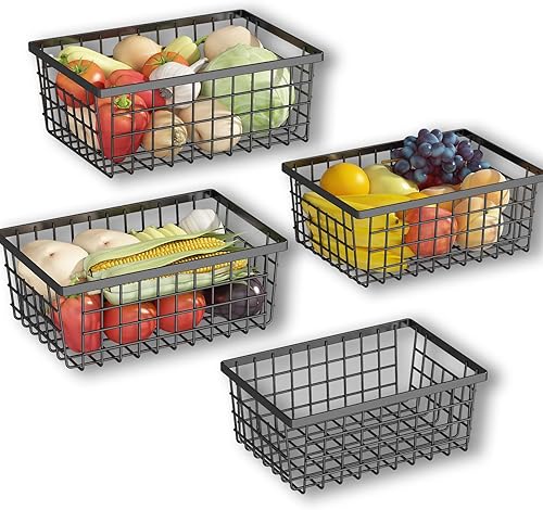 Wisdom Star Paquete de 4 cestas grandes de almacenamiento de alambre para organización de despensa y contenedores de almacenamiento, cestas de