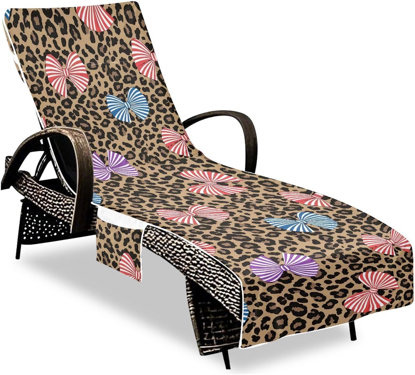 Leopard-print Bow Lounge Chair Towel Cover with Side Pockets – 85x30in Foldable Chaise Cover for Beach, Pool, Patio, Spa