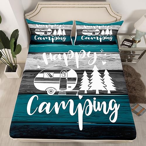 Miniatura 2 de Juego de sábanas de camping con diseño de acuarela vintage a rayas de madera azul y gris para adolescentes y adultos, juego de ropa de cama estilo