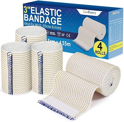 LotFancy Vendaje elástico, paquete de 4 envolturas de compresión médica de 3 pulgadas para lesiones, deportes, vendajes de linfedema sin látex para
