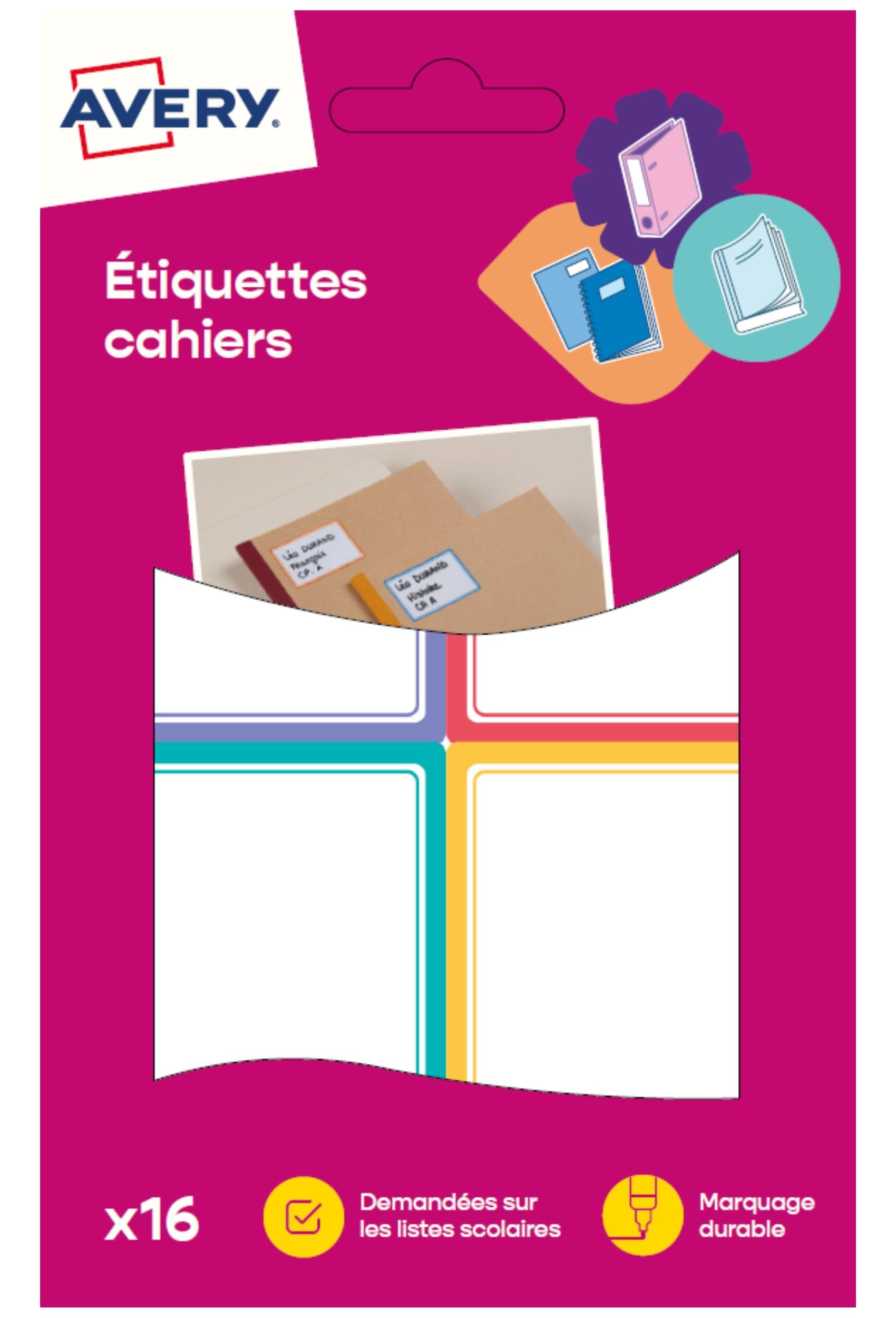 AVERY - Sachet de 16 étiquettes autocollantes ultra-​adhésives blanches à bordure colorée tendance, Format 44 x 64 mm