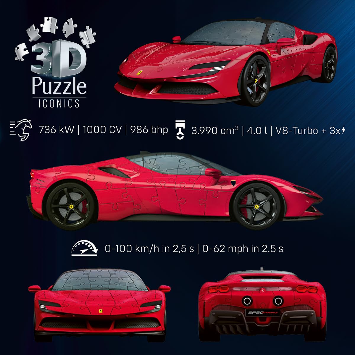 Ravensburger - Puzzle 3D Ferrari SF90 Stradale - Maquette de Voiture à Construire - Puzzle Voiture de Sport 3D sans Colle - 108 Pièces - Dès 8 Ans - 12008041
