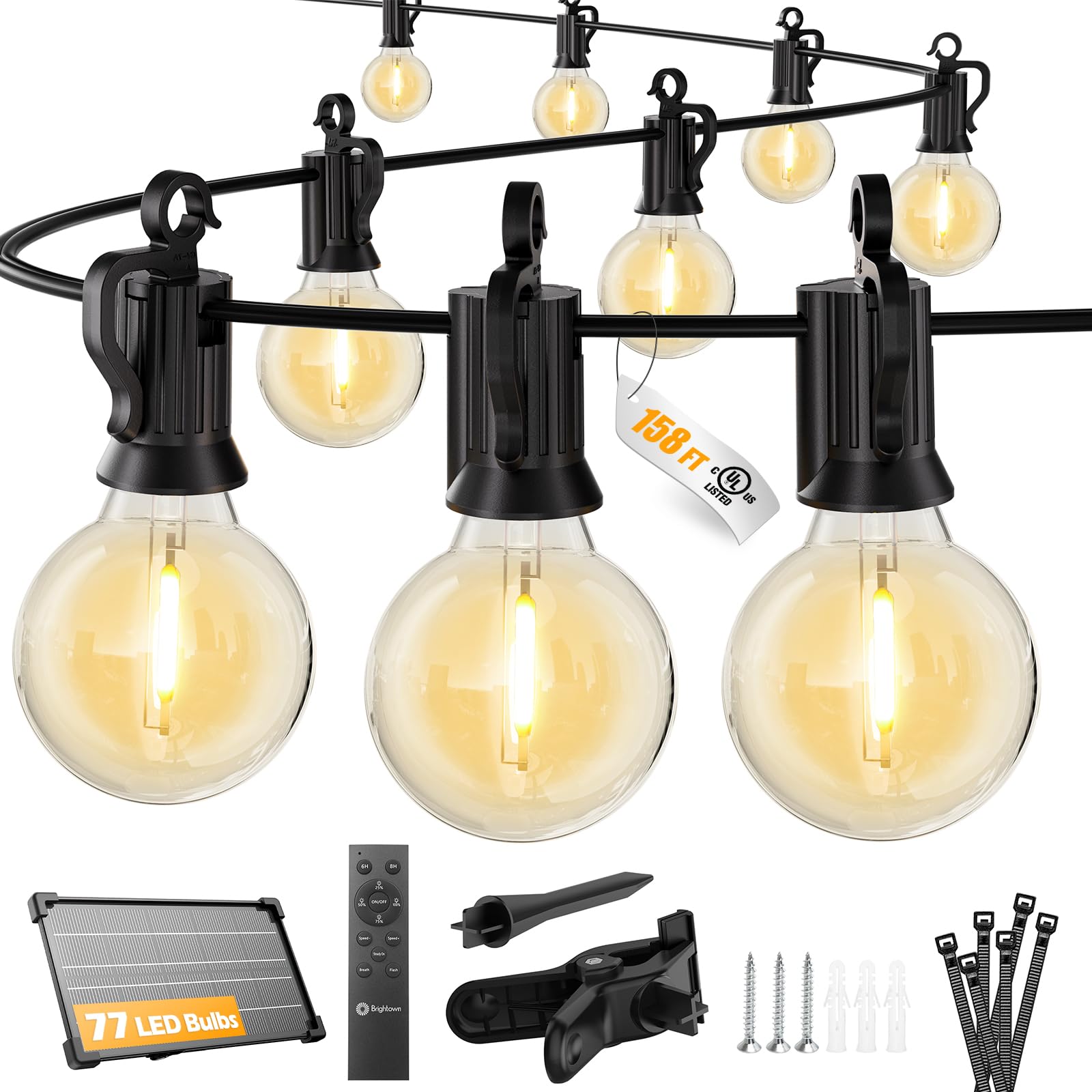 Brightown 158FT 77LED Solar String Lights Outdoor with Remote & USB Port, Shatterproof Bulbs, Dimmable & Timable, 3 Modes, Patio Lights with Mount Clips for Backyard Garden Decor - Last for 38+Hrs