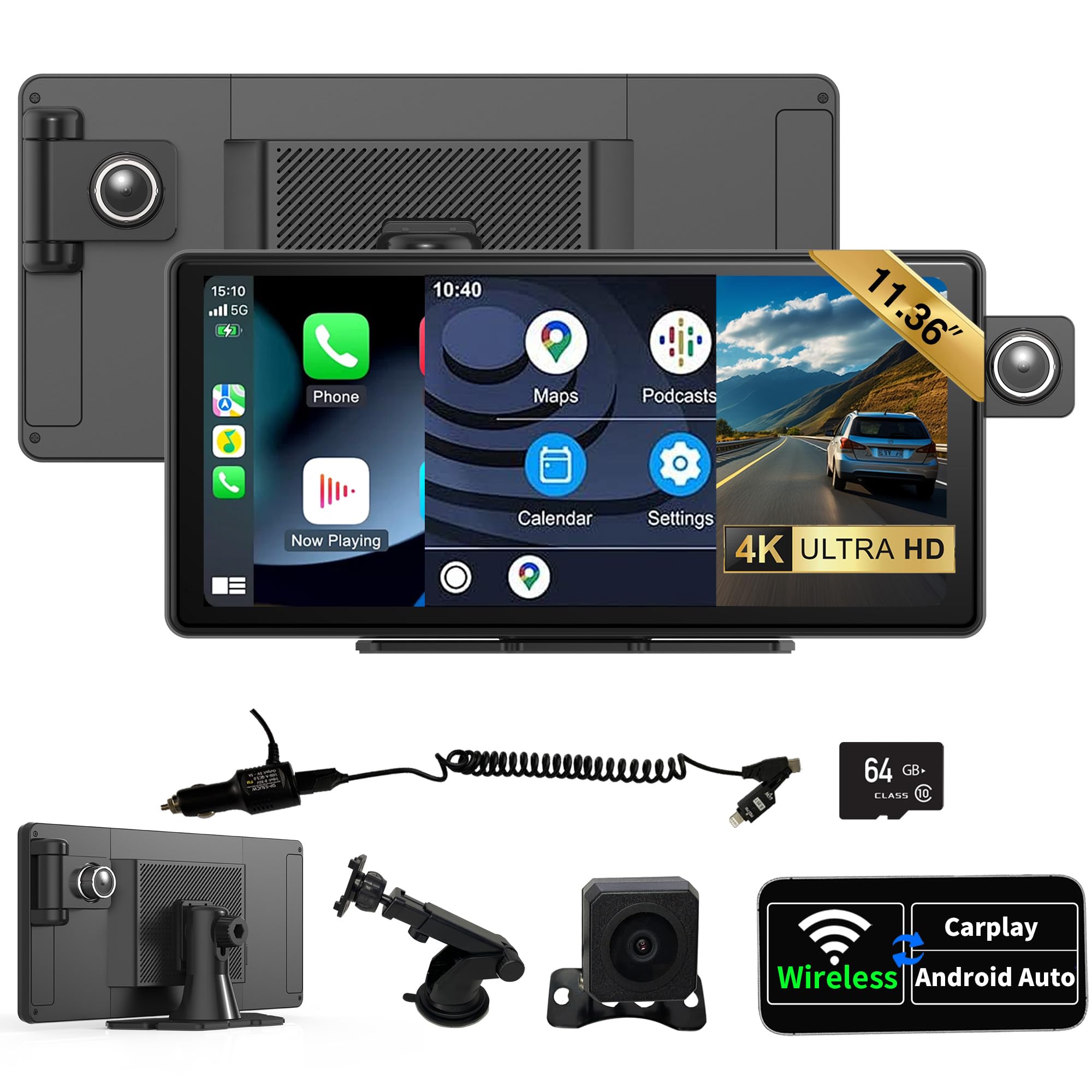 Autoradio 11.36" sans Fil Carplay Android Auto Airplay Caméra Dash Cam 4K avec Caméra de Recul,IPS Écran Tactile, Enregistrement en Boucle,Navigation GPS,Bluetooth,FM,AUX