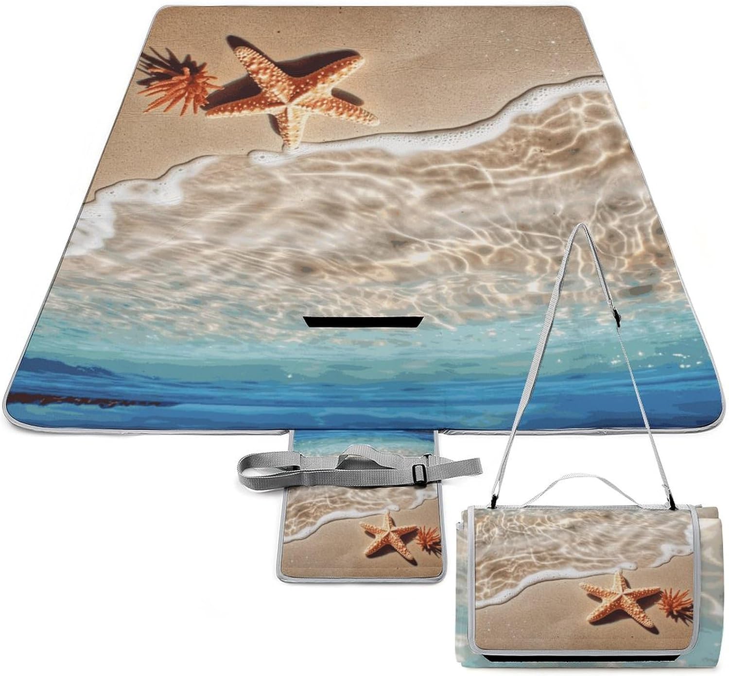 Beach Starfish Waterproof Picnic Blanket 58.3''x58.3'',Portable and Foldable Picnic Mat with Handle,Outdoor Blankets for Lawn Park Beach Travel