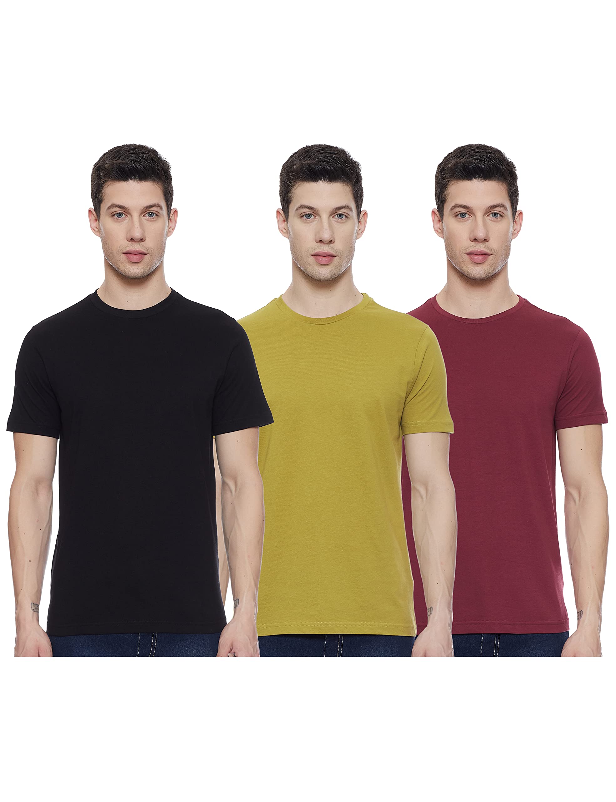 Amazon Brand - SymbolMen's Cotton Solid Round Neck Regular Fit T-Shirt (Pack of 3) (Available in Plus Size)