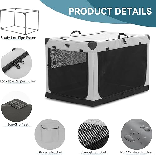 Vista 4 de PETSFIT Jaula plegable para perros, con cubierta de tela ajustable patentada, puertas de malla a prueba de mordeduras y con bloqueo, base Gris