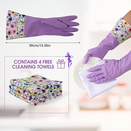 Miniatura 2 de Edmallu 2 Pairs Dishwashing Gloves With 4 Printed Dishcloths - 15.35 Latex Free Cuff Flock Lining Rubber Gloves Cleaning