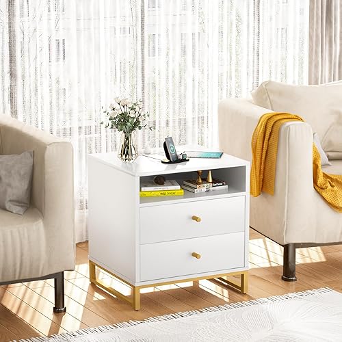 Miniatura 3 de Lamerge Juego de 2 mesitas de noche doradas y blancas, moderna mesita de noche con estación de carga y cajones, mesa auxiliar con puertos USB y