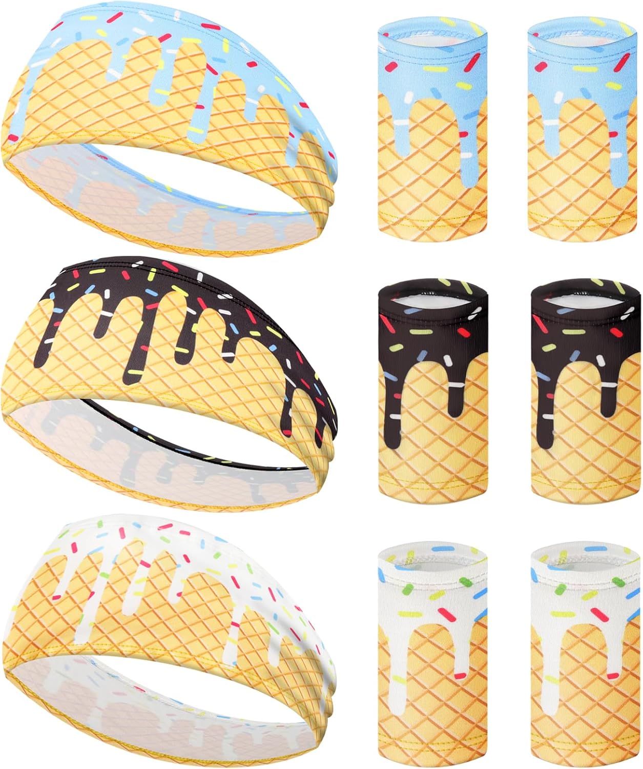 BLMHTWO 3 Sets Ice Cream Baseball Headbands and Sports Wristbands, Baseball Ice Cream Drip Headband Sweat Band for Women＆Men Basketball Outdoor Athletic, Running, Gym