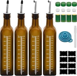 17oz 4 Pcs Scale Olive Oil Dispenser Bottle,500ml Glass Oil and Vinegar Dispenser Set with 4 Stainless Steel Pourers, 8 Labels,Funnel Oil Bottles for Kitchen (Brown)