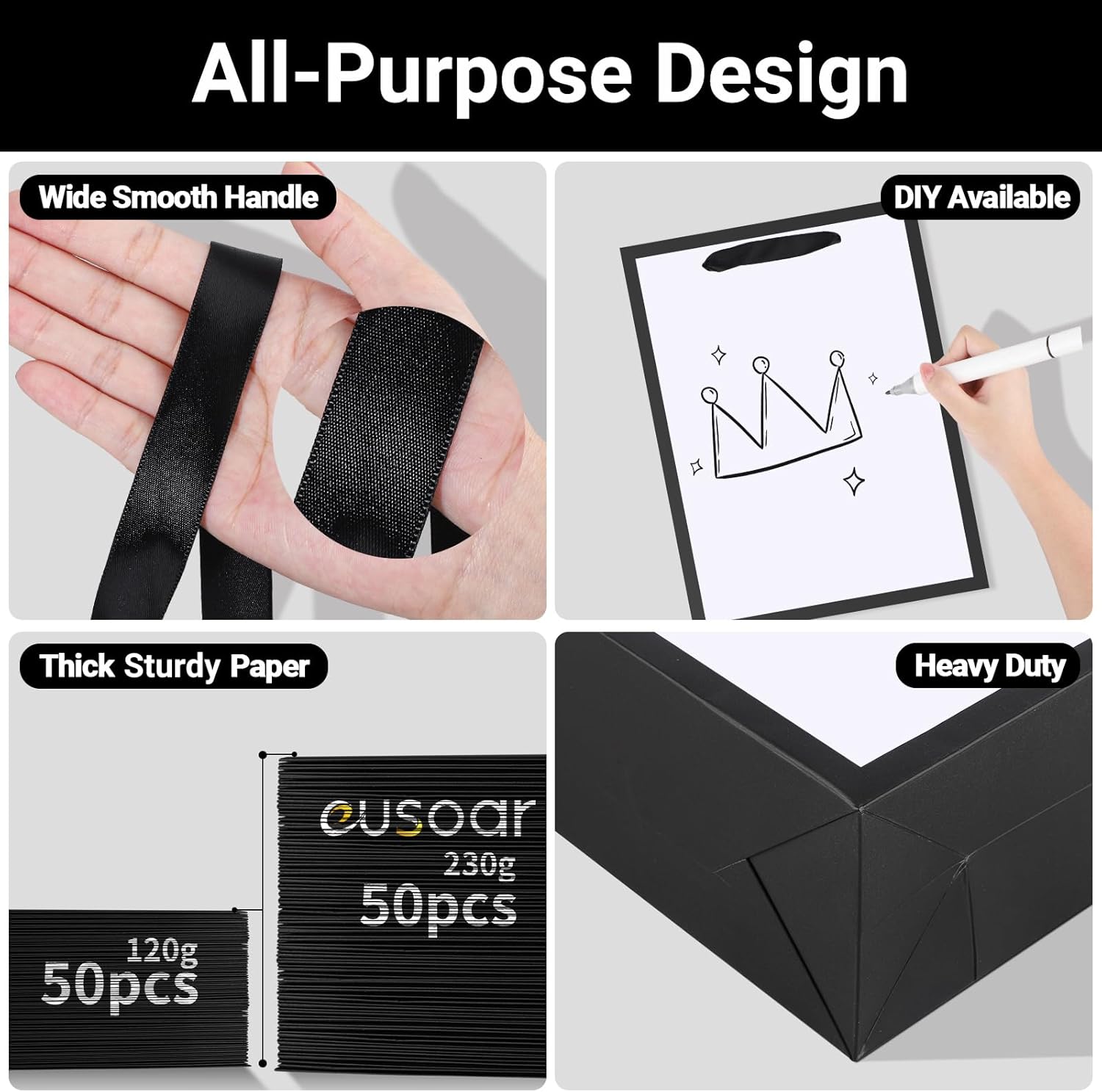 EUSOAR Paper Gift Bags with Handles, 50pcs 9.8"x5.1"x12.6" Wrap Bags with Handles Bulk, Retail Shopping Wrapping Paper Bags for Business, Craft Grocery, Wedding Birthday Party Thank You Treat Favor