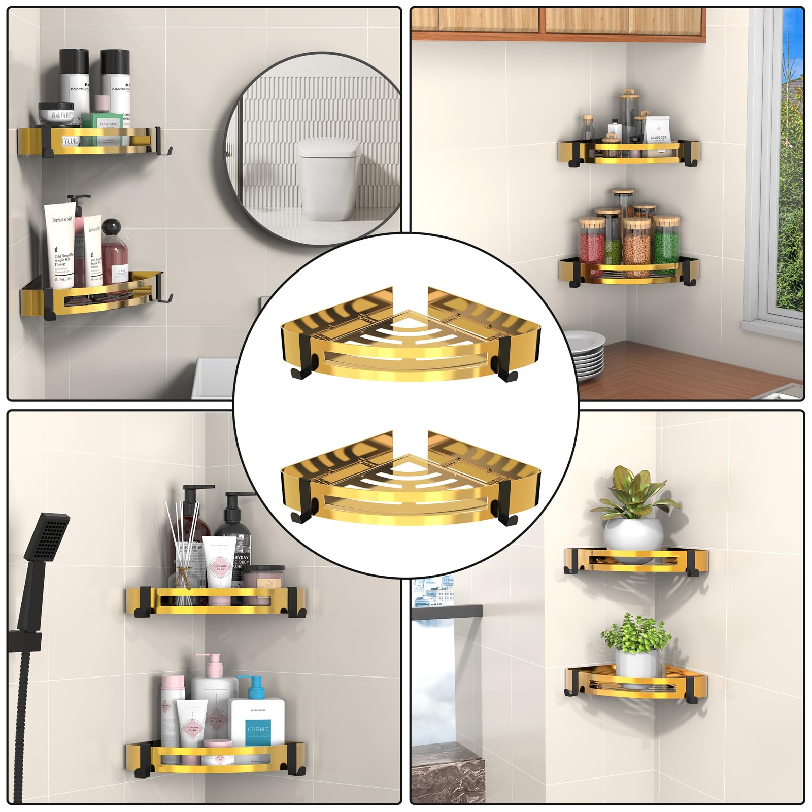 Estanteria Baño, Estanteria Esquina Ducha de Acero Inoxidable 304, Estante de Ducha sin Taladros con 4 Ganchos, Cesta de Dducha Gruesa, Colgante para Organizador para Duchas, Cocinas (2 Piezas, Oro)