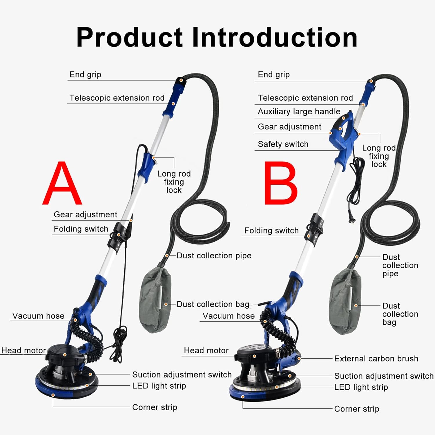 Electric Drywall Sander, 5 Adjustable Speeds with Vacuum Dust Collection & 47-86 Inch Foldable Extendable Handle & 6 Sanding Discs B