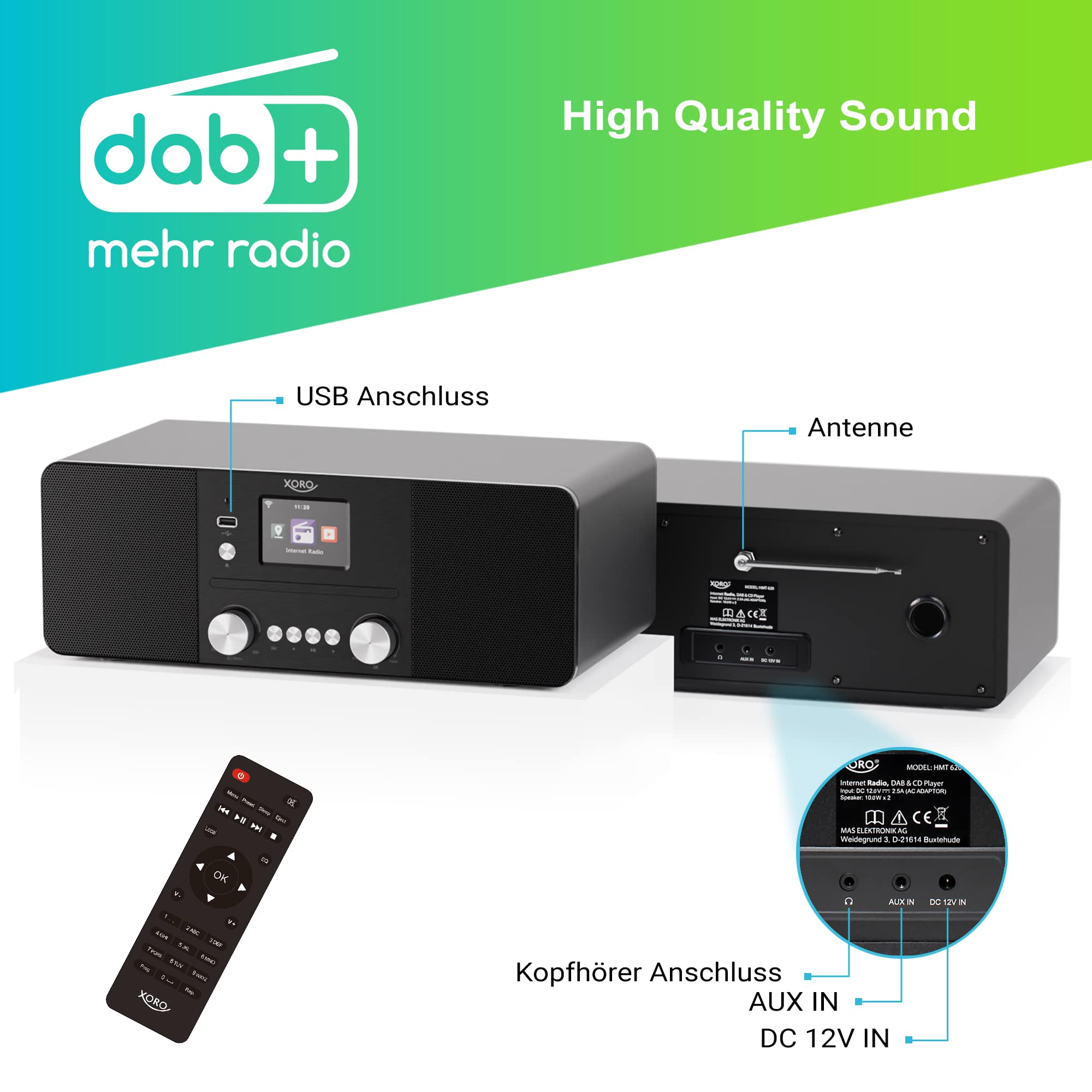 XORO HMT 620 – wielofunkcyjne radio internetowe stereo z odtwarzaczem CD, radio DAB+/FM, Wi-Fi, Bluetooth, Spotify Connect, odtwarzacz MP3 USB, strumieniowe przesyłanie sieciowe, sterowanie aplikacją,