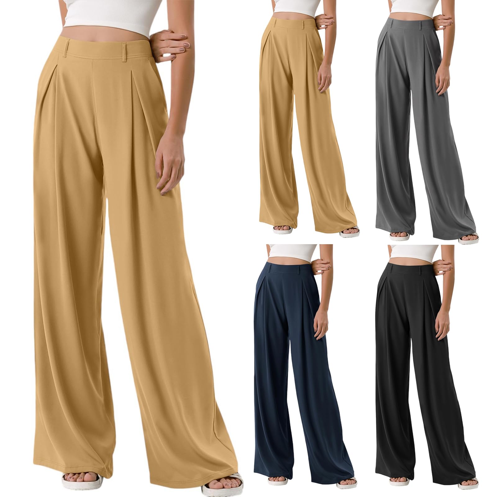 HswsEJ Palazzo Pants for Women Dressy Business Casual Work Pants Elastic High Waisted Wide Leg Lounge Trousers with Pockets