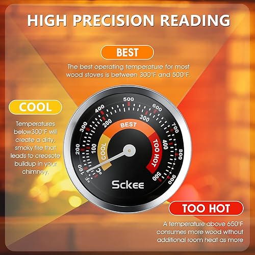 Miniatura 3 de Medidor de temperatura magnético para estufas de madera, gas, estufas de pellets y chimeneas, termómetro de tubería (negro)