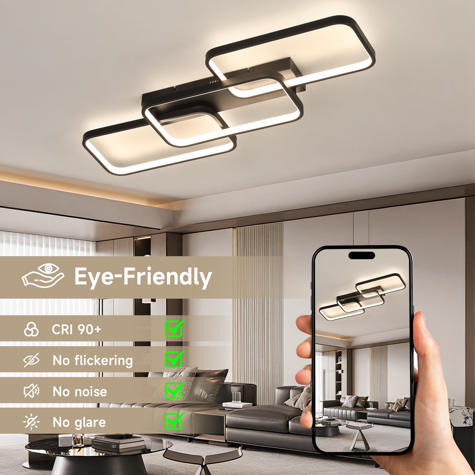 OTREN Lampa sufitowa LED 60 W, 6000 lm, regulowana za pomocą pilota 3000 K, 6500 K, pamięć i blokada, lampka nocna i timer do salonu, sypialni, kuchni, 82 cm, czarna