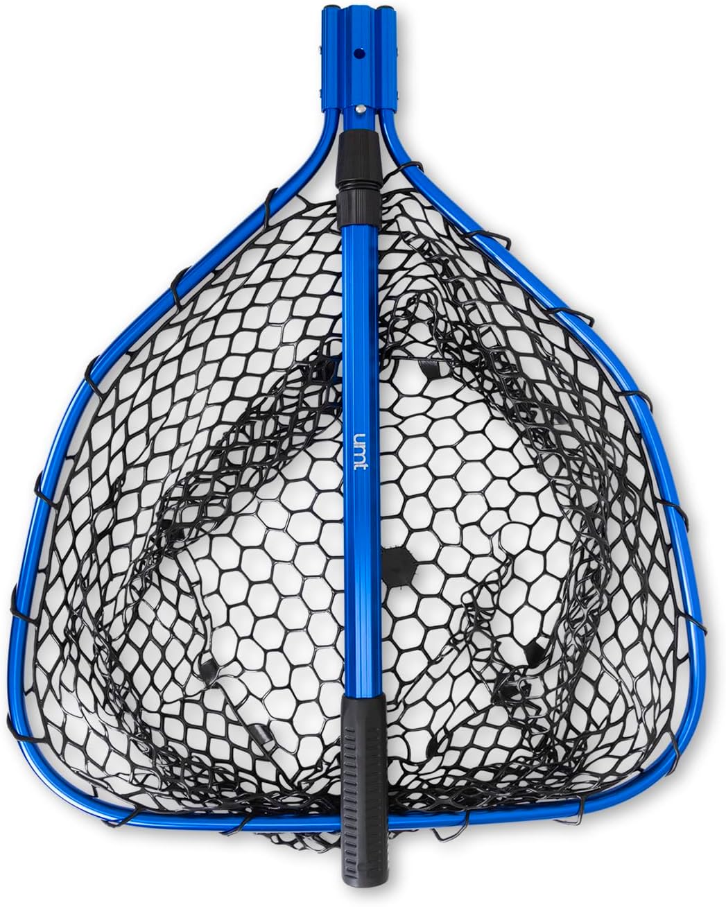 UMT Telescopic Fishing Landing Net (3.6–5 ft) — 17" x 19" Large Hoop, 10" Deep Silicone Rubber Mesh, Tight Fit, for Freshwater & Saltwater, Blue