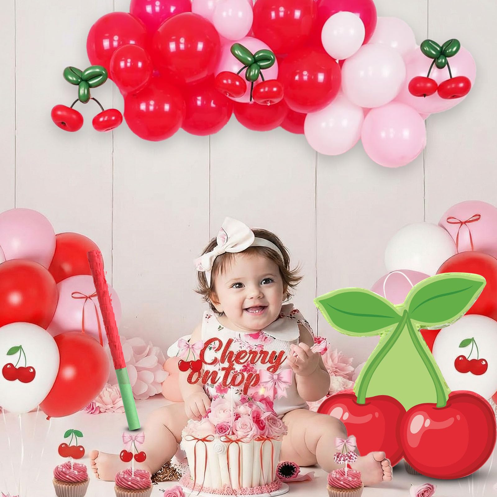 Capoda Piñata de cereza para niños y niñas, juegos de piñata con lazo verde, bayas, con palo, venda para los ojos, diseño de cerezas rojas mexicanas, cumpleaños, baby shower, fiesta, suministros de