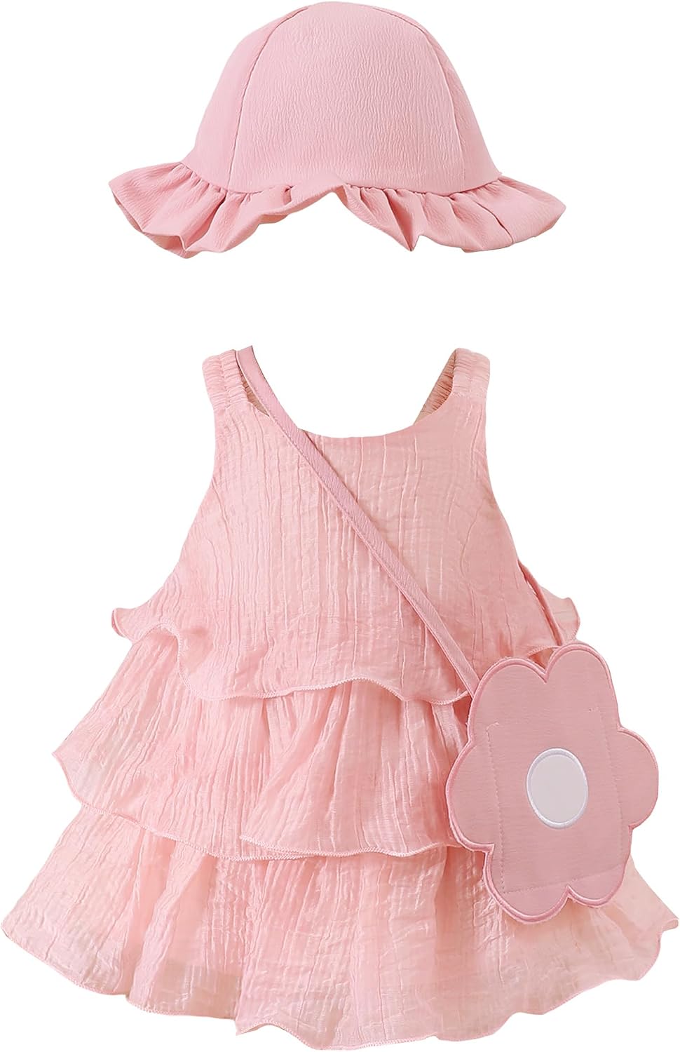 Renotemy Infant Baby Girl Summer Dress Chiffon Ruffle Layered Sling Sundress Party Outfits with Hat and Bag for Toddler Girls