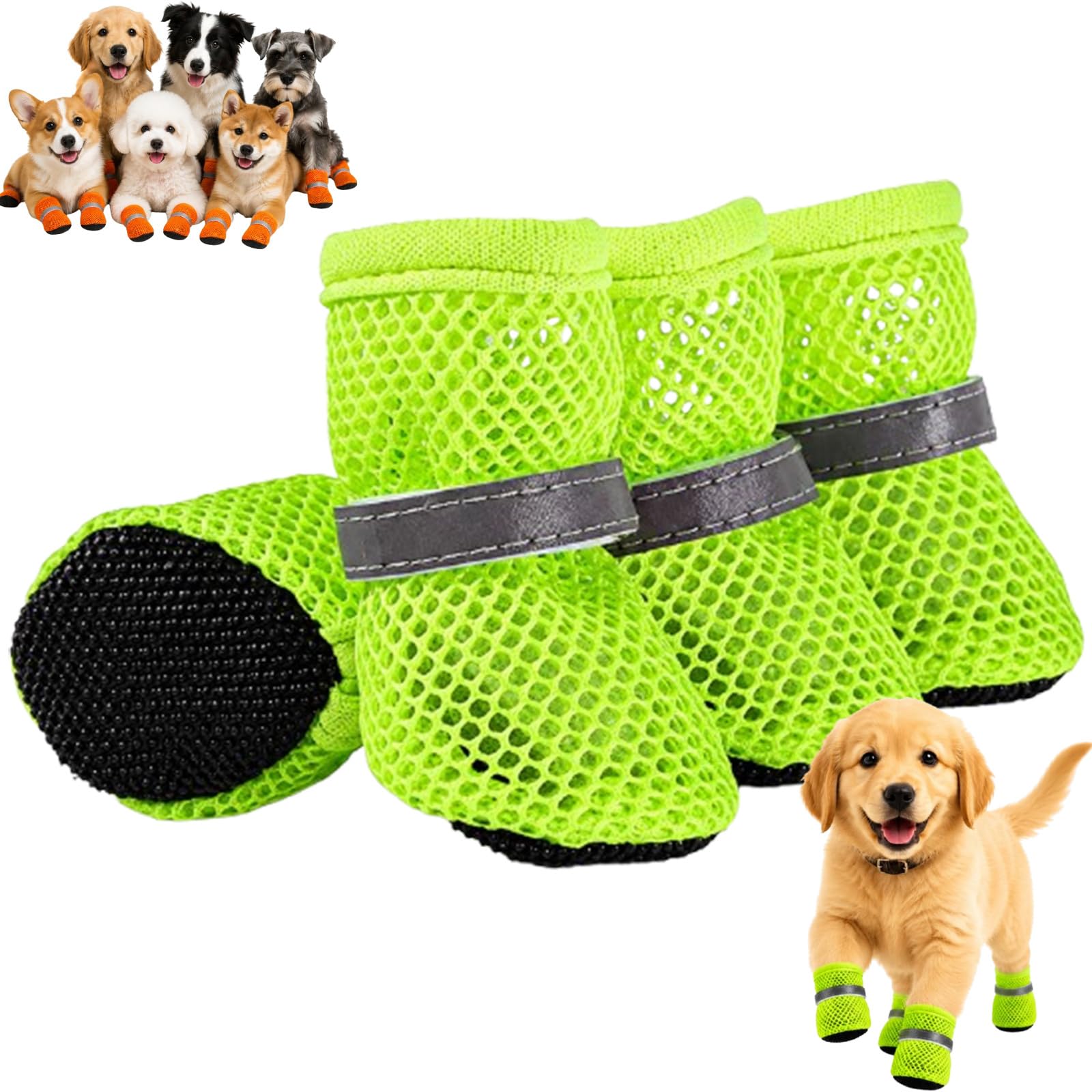 Summer Mesh Dog Shoes, Light Dog Boots, Breathable Mesh Upper, Anti Slip Sole, Reflective Straps, Paw Protection Fit，Green：M