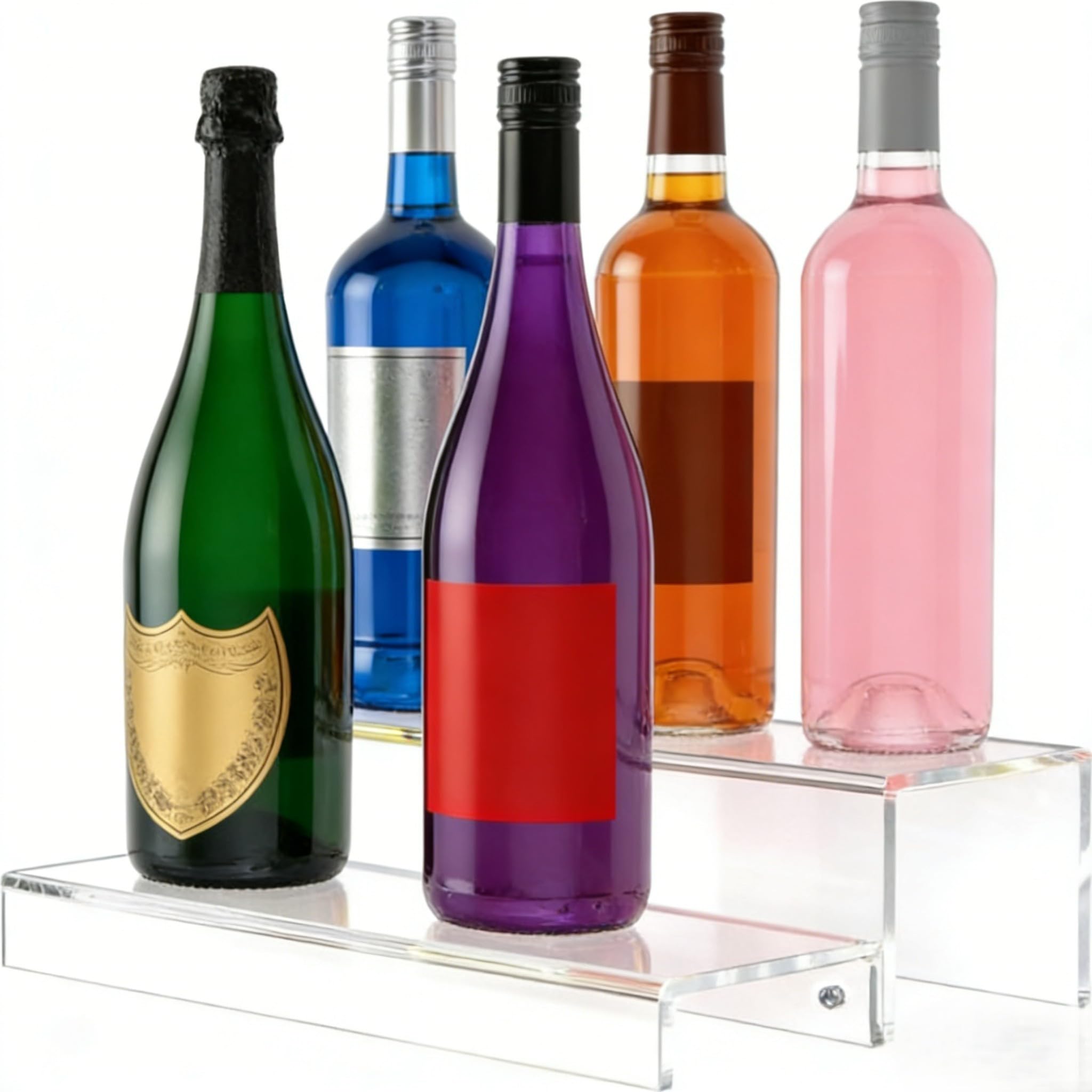Espositore per bottiglie di liquori in acrilico trasparente, supporto organizer a due livelli con design a gradini, robusto supporto da banco per vino e whisky da banco di 5 mm di spessore, per la