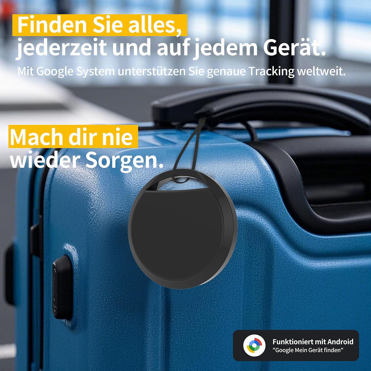 Image showing the RSH Smart Tag attached to a blue suitcase, with text indicating that you can find everything, anytime, on any device with Google System.