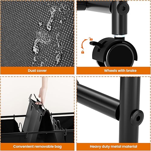 Miniatura 5 de Carrito clasificador de ropa sucia sellado de 150 litros, cesta de lavandería de 3 secciones con ruedas, cesta de lavandería enrollable con tapa,