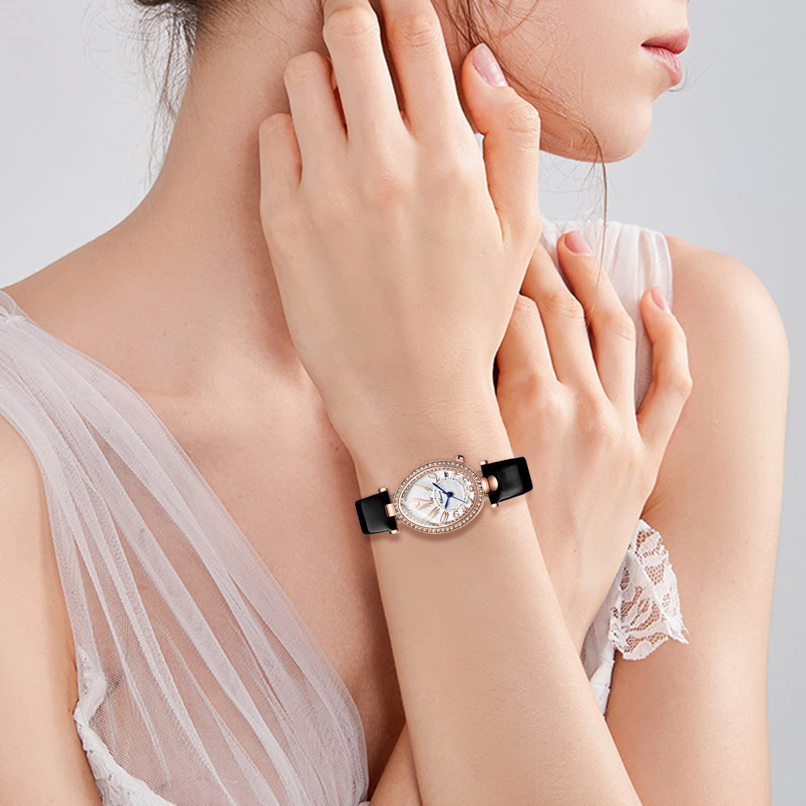 JewelryWe Uhren Damen Analog Quarz Datum Kalender 30m Wasserdicht Armbanduhr Elegant Strass Oval/Schlangenkopf Form Beiläufige Uhr mit Echtleder Leder Armband, 4 Farben