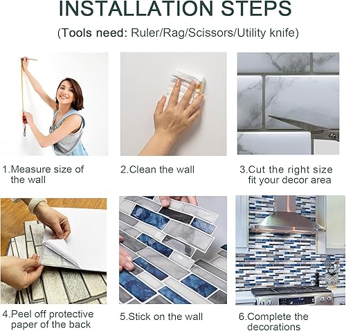 Miniatura 5 de AISHOART Azulejos para salpicaduras en muro con diseño de mármol, 10 unidades, paneles de pared 3D impermeables para despegar y pegar, azulejos de