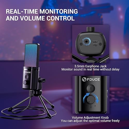 Miniatura 4 de FDUCE Micrófono USB para juegos para PC, micrófono de computadora de condensador RGB con soporte de trípode, silencio rápido, control de ganancia,