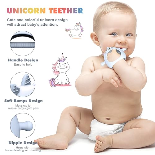 Miniatura 6 de Juguetes de dentición para bebés de 0 a 6 meses, mordedor de silicona Tinabless Unicorn Never Drop para bebés de 6 a 12 meses, chupete de mano para