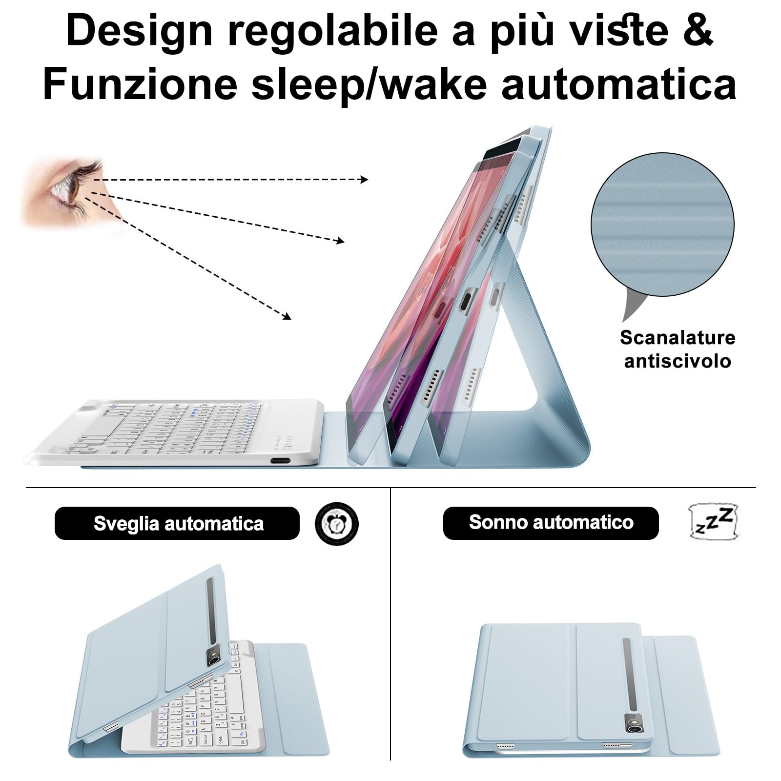 IVEOPPE Tastiera per Lenovo Tab P12 12.7" 2023, Cover Custodia Cover Tastiera Layout Italiano Rimovibile Bluetooth per Lenovo Tab P12 12.7 Pollici 2023 TB370FU, Blu cielo