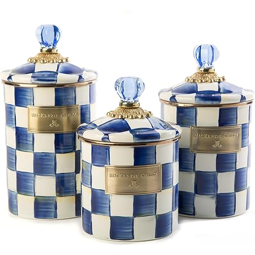MACKENZIE-CHILDS Enamel Canister Set, Small (38 oz.), Medium (48 oz.), and Large (64 oz.) Kitchen Containers, Blue-and-White Royal Check