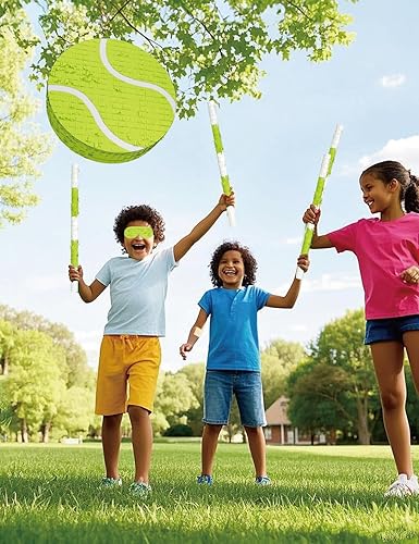 Miniatura 6 de Piñata de pelota de tenis  Incluye palo de madera, vendaje para los ojos y confeti  13 x 13 x 3 pulgadas  Perfecto para deportes o decoraciones de
