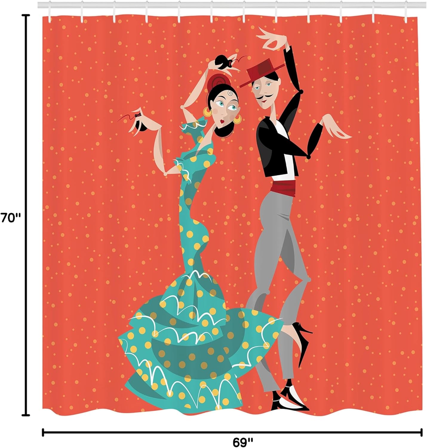Ambesonne Spanish Shower Curtain, Flamenco Dancers Couple Performing in Historical Folk Dress Latino Tradition, Cloth Fabric Bathroom Decor Set with Hooks, 69" W x 70" L, Salmon Turquoise