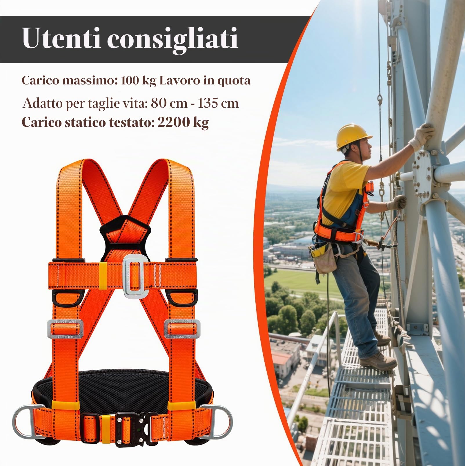 Imbracatura di Sicurezza Anticaduta, Imbracatura Anticaduta, Cintura in Vita Regolabile con Supporto Addominale Ispessito, Carico 100 kg, per Lavoro Aereo, Uomo (Fibbia Grande 1,6 m)