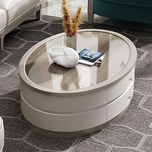 Miniatura 6 de Mesa de té para sala de estar mesa de centro moderna con mesa única y base estable mesa de sofá ovalada con 2 cajones grandes para sala de estar y