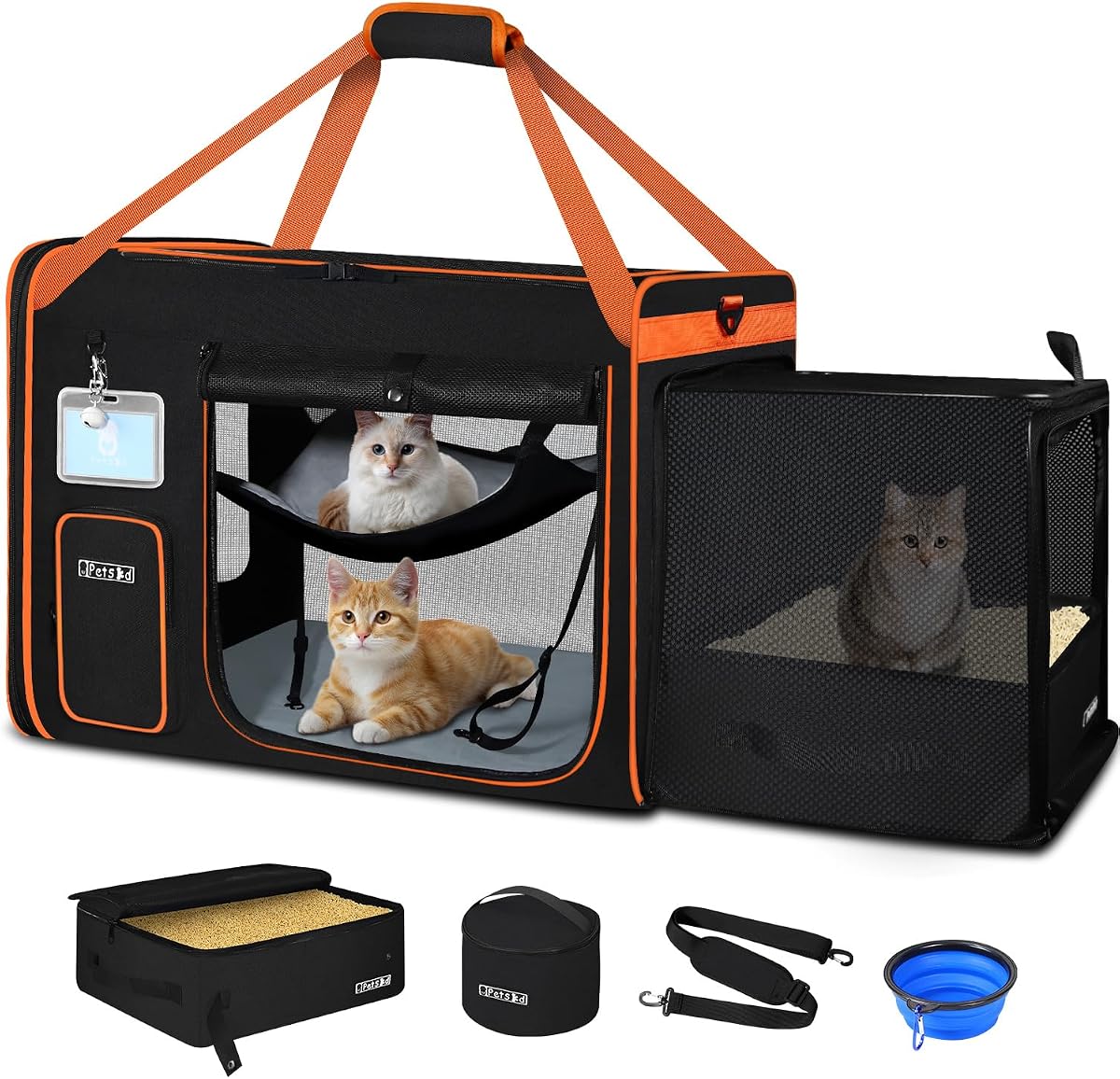 Side Expandable Extra Large Cat Carrier with Litter Box, Black | 24"x17"x17", Lockable Safety Zippers and Seatbelt Loops, Collapsible, for Long Distance Car Travel, for Cats Under 55lbs