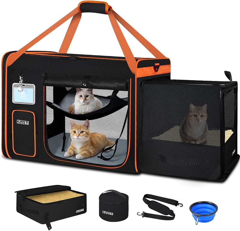 Side Expandable Extra Large Cat Carrier with Litter Box, Black | 24"x17"x17", Lockable Safety Zippers and Seatbelt Loops, Collapsible, for Long Distance Car Travel, for Cats Under 55lbs