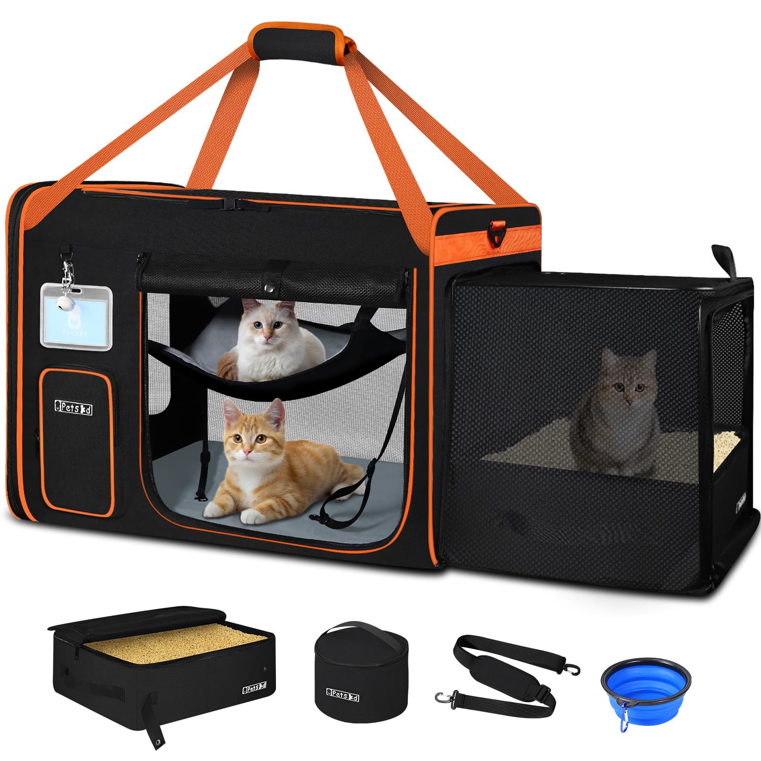 Petskd Side Expandable Extra Large Cat Carrier with Litter Box Area, 24"x17"x17" Soft-Sided Pet Carrier for 2 Cats Under 55 lbs with Zipper Locks for Car Travel(Black)