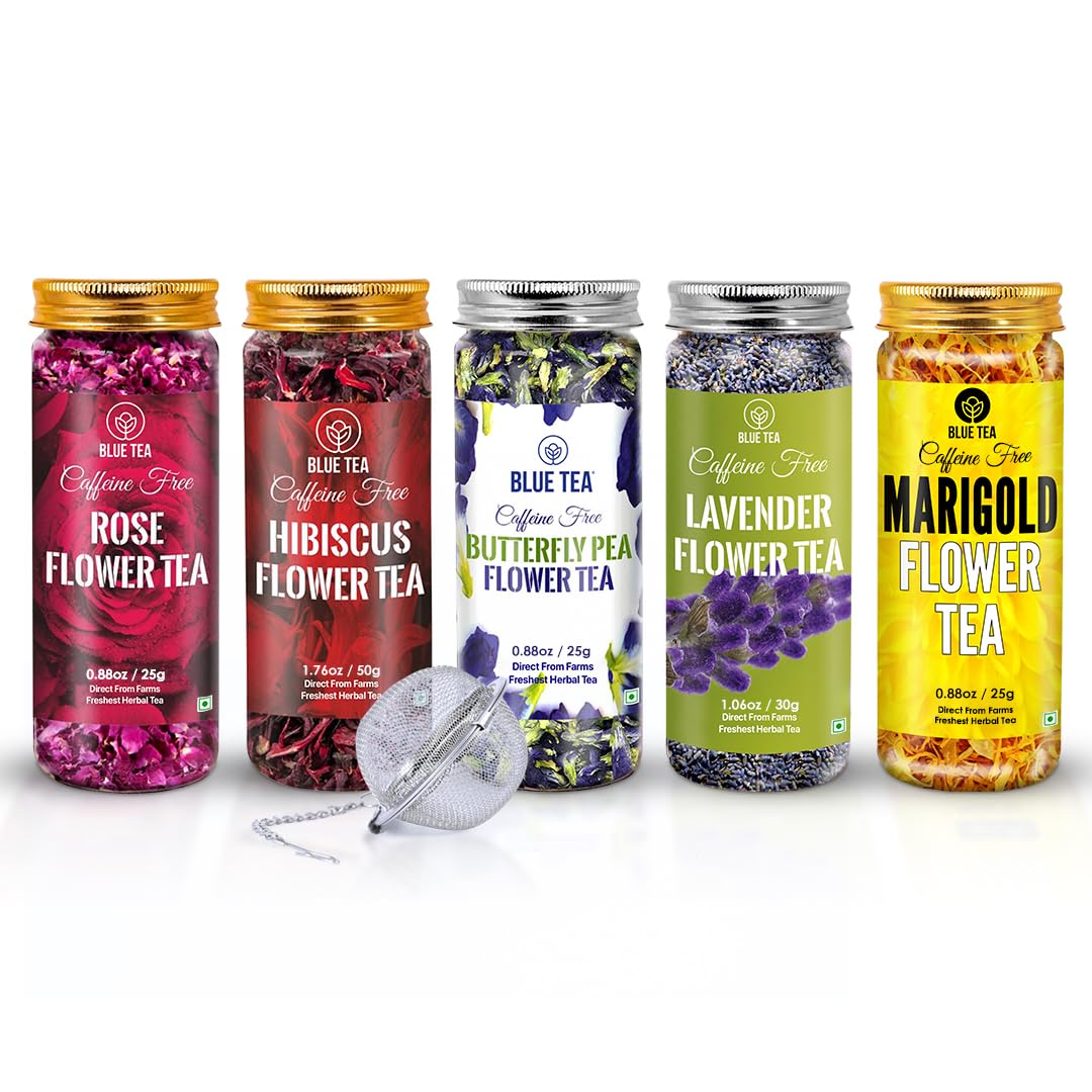 Wellness Tea Box (5 Flower Teas -160g + 1 Infuser) | Wellness Gift | Butterfly Pea, Lavender, Marigold, Hibiscus & Rose | Herbal Tea - Caffeine Free | Variety Pack